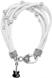 Black Guitar On Genuine Multi String White Leather Bracelet, Hypoallergenic Safe-Nickel, Lead And Cadmium Free