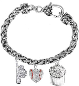 Baseball Heart, Genuine Crystal. Bat, Caps Bracelet, Hypoallergenic, Safe-Nickel & Lead, Free