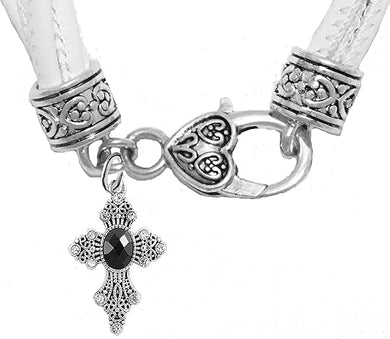 Black Genuine Crystal Cross, On A Genuine White Multi-Strand Leather Bracelet, Hypoallergenic, Safe-No Nickel, Lead, Or Poisonous Cadmium in Bracelet
