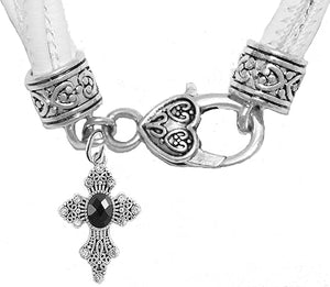 Black Genuine Crystal Cross, On A Genuine White Multi-Strand Leather Bracelet, Hypoallergenic, Safe-No Nickel, Lead, Or Poisonous Cadmium in Bracelet
