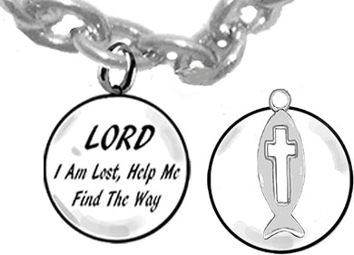 Lord I Am Lost, Help Me Find The Way, 2nd Charm Behind Charm. Open Cross In Bright Silver-Tone Christian Fish, Hypoallergenic Adjustable Necklace. Nickel, Lead, And Cadmium Safe