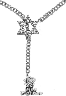 Jewish Firefighter, I Love My Firefighter Crystal Heart, Through A Crystal Star of David, Necklace Hypoallergenic, Safe-Nickel, Lead, and Cadmium Free