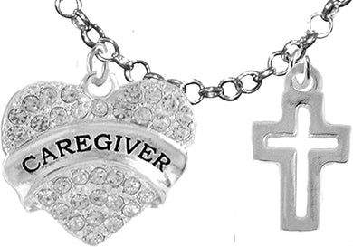 Caregiver, RN, Nurse, High Polished Cross, Adjustable Charm Necklace, Hypoallergenic, Safe-Nickel, Lead, Free