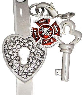 Firefighter's Wife, The Key to My Heart Cuff Crystal Bracelet, It Really Locks! Hypoallergenic, Safe-Nickel, Lead, Free