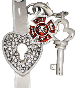 Firefighter's Wife, The Key to My Heart Cuff Crystal Bracelet, It Really Locks! Hypoallergenic, Safe-Nickel, Lead, Free