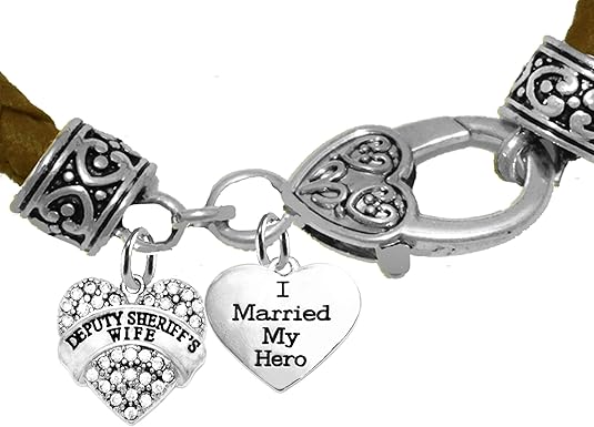 Deputy Sheriff's Wife, I Married My Hero, On A Genuine Brown Leather Bracelet, Hypoallergenic Safe-Nickel, Lead And Cadmium Free
