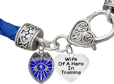 Police, Wife of A Hero in Training, Genuine Leather Bracelet, Light Blue, Hypoallergenic Safe-Nickel, Lead and Cadmium Free