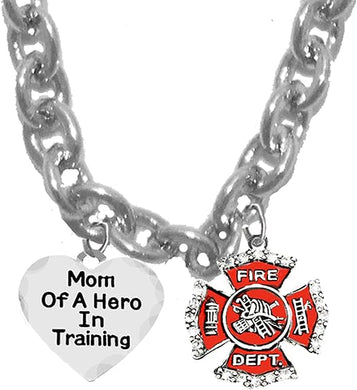 Firefighter, Mom Of A Hero In Training, Fire Department Charm, On A Adjustable Cable Chain Necklace, Hypoallergenic Safe-Nickel, Lead And Cadmium Free