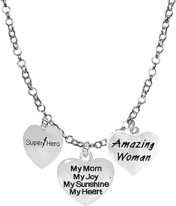 Mom, Super Hero,My Mom,My Joy, My Sunshine, My Heart, Amazing Woman Charms On A Rolo Chain Necklace, Adjustable, Hypoallergenic Safe- No Nickel. Lead, Or Poisonous Cadmium.