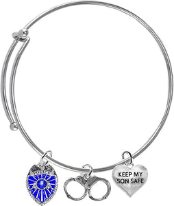 Police Badge, Policemen's Mom, Handcuffs, Keep My Son Safe, Adjustable, Miracle Wire Bracelet, Hypoallergenic Safe-Nickel, Lead And Cadmium Free