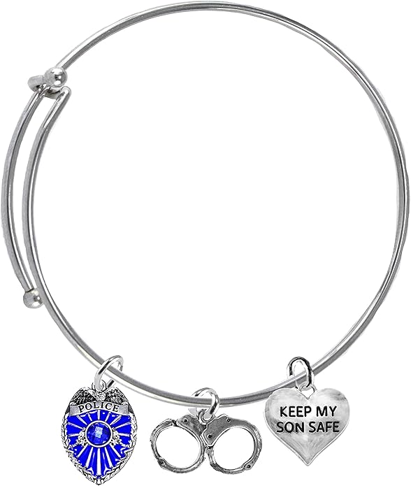 Police Badge, Policemen's Mom, Handcuffs, Keep My Son Safe, Adjustable, Miracle Wire Bracelet, Hypoallergenic Safe-Nickel, Lead And Cadmium Free