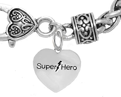 Super Hero Heart Charm On A Antique Wheat Chain Bracelet, Hypoallergenic Safe- No Nickel. Lead, Or Poisonous Cadmium