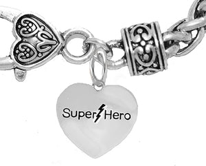 Super Hero Heart Charm On A Antique Wheat Chain Bracelet, Hypoallergenic Safe- No Nickel. Lead, Or Poisonous Cadmium