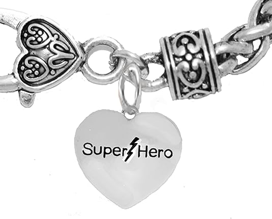 Super Hero Heart Charm On A Antique Wheat Chain Bracelet, Hypoallergenic Safe- No Nickel. Lead, Or Poisonous Cadmium
