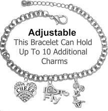Cheer Crystal Heart, Crystal I Love To Fly, Jumping Cheerleader, Hypoallergenic, Adjustable, With 3 Inch Extender Attached, Silvertone Charm Bracelet, Nickel, Lead, And Cadmium Free