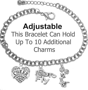 Cheer Crystal Heart, Crystal I Love To Fly, Jumping Cheerleader, Hypoallergenic, Adjustable, With 3 Inch Extender Attached, Silvertone Charm Bracelet, Nickel, Lead, And Cadmium Free