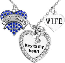 Coast Guard Wife, Key to My Heart, Wife Heart Charm Necklace, Adjustable, Hypoallergenic, Safe- Nickel, Lead, and Cadmium Free