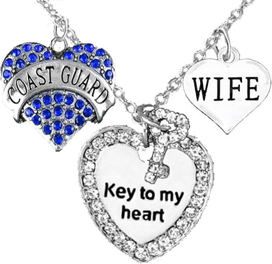 Coast Guard Wife, Key to My Heart, Wife Heart Charm Necklace, Adjustable, Hypoallergenic, Safe- Nickel, Lead, and Cadmium Free