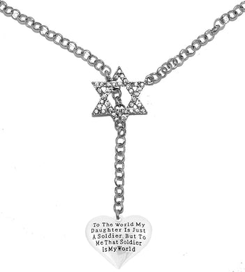 Jewish Army Mom, To The World My Daughter Is Just A Soldier, But To Me She Is My World Heart, Through A Crystal Star Of David, Rolo Chain Necklace Hypoallergenic, Safe-Nickel, Lead, And Cadmium Free