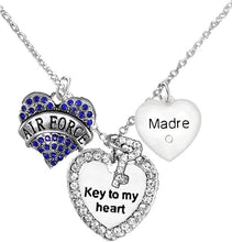 Air Force Madre, Key to My Heart, Crystal Madre Heart Necklace, Hypoallergenic, Safe-Nickel, Lead Free