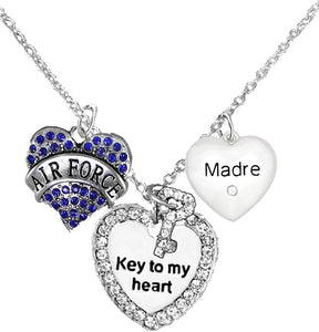 Air Force Madre, Key to My Heart, Crystal Madre Heart Necklace, Hypoallergenic, Safe-Nickel, Lead Free