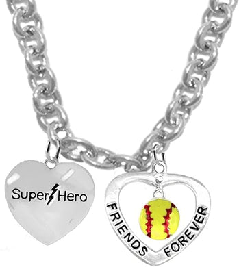 Super Hero, Friends Forever, Softball, Sterling Silver, Solid .925 Sterling, Not Plated Or Coated,18 Inch Necklace.Charm,Nickel,Lead Free.Fast