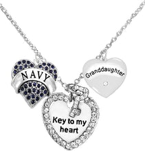 Navy Granddaughter, Key to My Heart, Crystal Granddaughter Heart Charm Necklace, Hypoallergenic, Safe-Nickel, Lead, Free