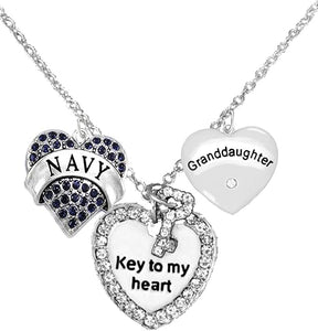 Navy Granddaughter, Key to My Heart, Crystal Granddaughter Heart Charm Necklace, Hypoallergenic, Safe-Nickel, Lead, Free