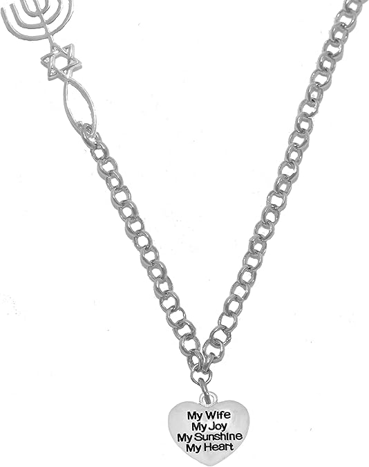 My Wife, My Joy, My Sunshine, My Heart, Messianic Adjustable Necklace with Menorah, Star of David, Christian Fish, Hypoallergenic, Safe-Nickel, Lead, Cadmium Free