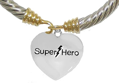Super Hero Heart Charm On A Two-Tone Cable Adjustabe Bracelet, Hypoallergenic Safe- No Nickel. Lead, Or Poisonous Cadmium