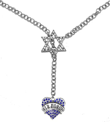 Jewish Air Force Crystal Heart, Through A Crystal Star of David, Rolo Chain Necklace Hypoallergenic, Safe-Nickel, Lead, and Cadmium Free