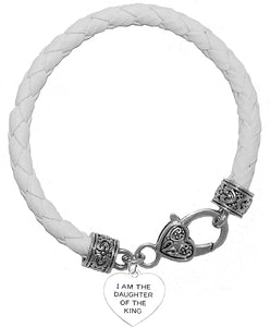 I Am The Daugther Of The King Heart Genuine White Leather Bracelet, Safe-Nickel, Lead & Cadmium Free!