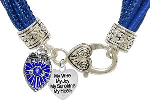 Policeman's Badge. My Wife, My Joy, My Sunshine, My Heart, Charm On A Blue Leather Bracelet, Hypoallergenic, Safe-No Nickel, Lead,or Cadmimum