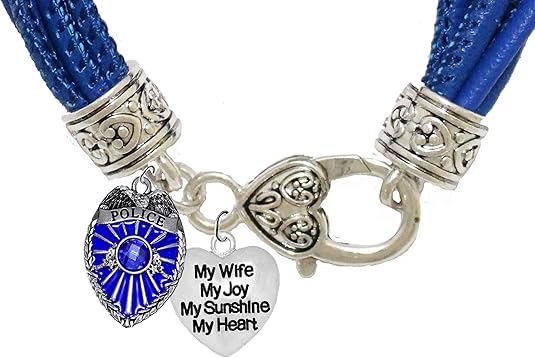 Policeman's Badge. My Wife, My Joy, My Sunshine, My Heart, Charm On A Blue Leather Bracelet, Hypoallergenic, Safe-No Nickel, Lead,or Cadmimum