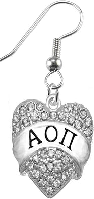 Alpha Omicron Pi Crystal Heart Earrings, Licensed Sorority Jewelry Manufacturer