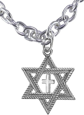 Messianic Christian Jewish Men's Antique Silvertone Star Of David, Polished Silvertone Cross On A 18 Inch Chain Necklace, Hypoallergenic-Safe, No Nickel, Lead, Cadmium In The Metal