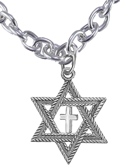 Messianic Christian Jewish Men's Antique Silvertone Star Of David, Polished Silvertone Cross On A 18 Inch Chain Necklace, Hypoallergenic-Safe, No Nickel, Lead, Cadmium In The Metal