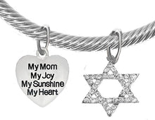 Jewish, My Mom, My Joy, My Sunshine, My Heart, On A Heart, and A Crystal Star of David, Silvertone Bracelet with Crystal Ends, Hypoallergenic, Safe-Nickel, Lead, and Cadmium Free