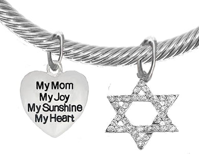 Jewish, My Mom, My Joy, My Sunshine, My Heart, On A Heart, and A Crystal Star of David, Silvertone Bracelet with Crystal Ends, Hypoallergenic, Safe-Nickel, Lead, and Cadmium Free