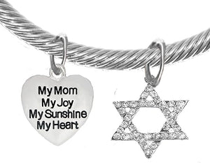 Jewish, My Mom, My Joy, My Sunshine, My Heart, On A Heart, and A Crystal Star of David, Silvertone Bracelet with Crystal Ends, Hypoallergenic, Safe-Nickel, Lead, and Cadmium Free