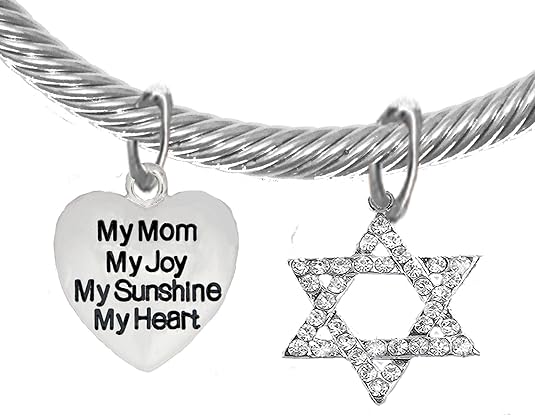 Jewish, My Mom, My Joy, My Sunshine, My Heart, On A Heart, and A Crystal Star of David, Silvertone Bracelet with Crystal Ends, Hypoallergenic, Safe-Nickel, Lead, and Cadmium Free