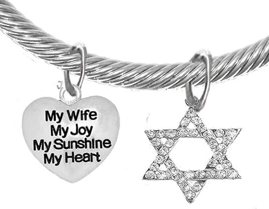 Jewish, My Wife, My Joy, My Sunshine, My Heart, On A Heart, And A Crystal Star Of David, Silvertone Bracelet With Crystal Ends, Hypoallergenic, Safe-Nickel, Lead, And Cadmium Free