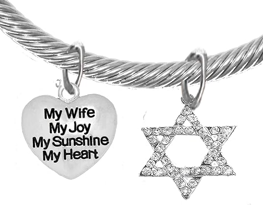 Jewish, My Wife, My Joy, My Sunshine, My Heart, On A Heart, And A Crystal Star Of David, Silvertone Bracelet With Crystal Ends, Hypoallergenic, Safe-Nickel, Lead, And Cadmium Free
