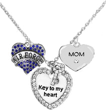 Air Force Mom, “Key to My Heart, Crystal Mom Heart Necklace, Hypoallergenic, Safe-Nickel, Lead Free
