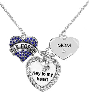 Air Force Mom, “Key to My Heart, Crystal Mom Heart Necklace, Hypoallergenic, Safe-Nickel, Lead Free