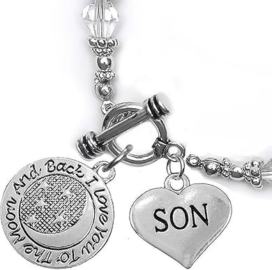 Son, I Love You to The Moon and Back Clear Crystal Charm Bracelet, Hypoallergenic, Safe, Nickel, Lead & Cadmium Free.