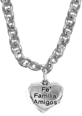 Fe, Familia, Amigos, Faith, Family, Friends On A STERLING Silver Solid .925 Sterling, Not Plated Or Coated. Cable Chain Necklace, Charm-Nickel, Lead, Cadmium Free ©2015