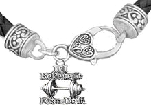 Weightlifters Barbell Lunge Pose, If I Believe It I Can Do It Heart, On A Black Woven Leather Bracelet, Hypoallergenic - Nickel, Lead, And Poisonous Cadmium Free