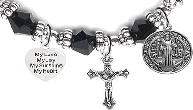 Saint Benedict Protective Charm, My Love, My Joy, My Sunshine, My Heart, and Prayer, Protect Me from Harm, from Evil, Hypoallergenic Black Crystal Bracelet, Nickel, Lead, Cadmium Free