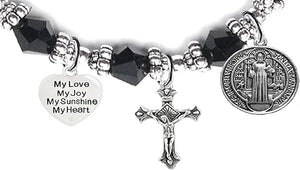 Saint Benedict Protective Charm, My Love, My Joy, My Sunshine, My Heart, and Prayer, Protect Me from Harm, from Evil, Hypoallergenic Black Crystal Bracelet, Nickel, Lead, Cadmium Free